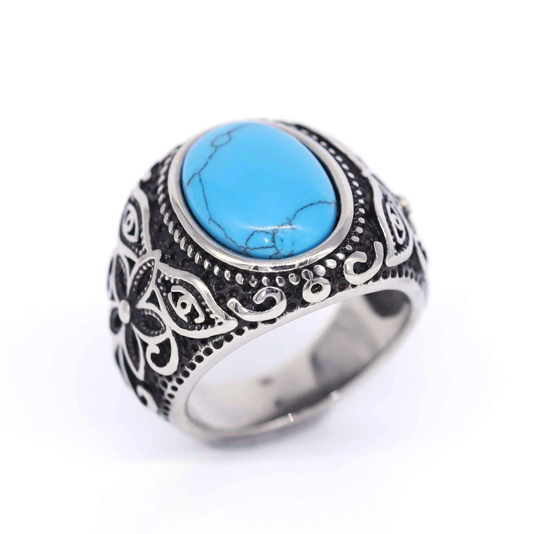 Boho Style Rings Vintage Inlay Natural Turquoise Stainless Steel Rings Engagement Wedding Rings