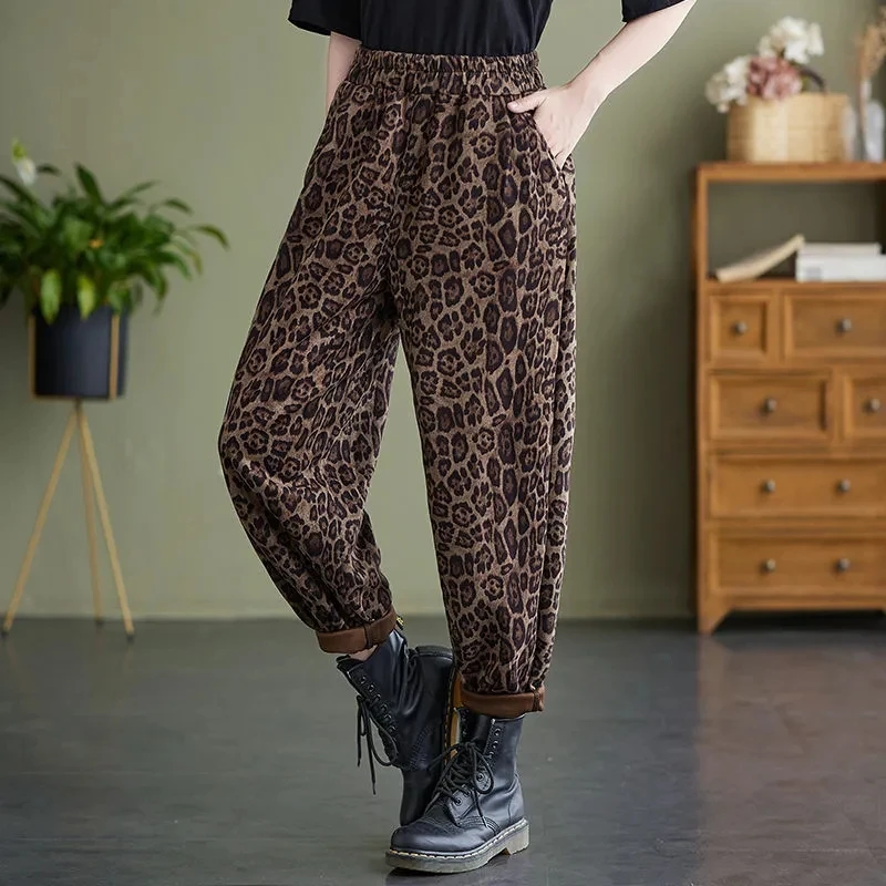 calça casual, estampa de leopardo, plus size, 5XL, 150kg, outono