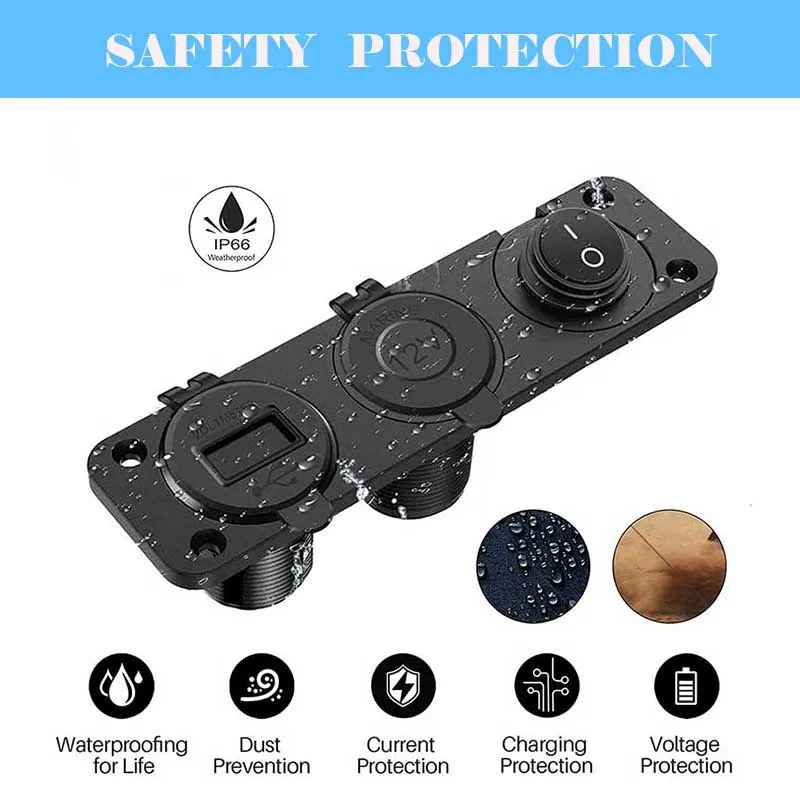 Dual QC3.0 USB Charger 3 in 1 Charger Socket Panel with Voltmeter Display Cigarette Lighter Socket Power on/off Toggle Switch 3
