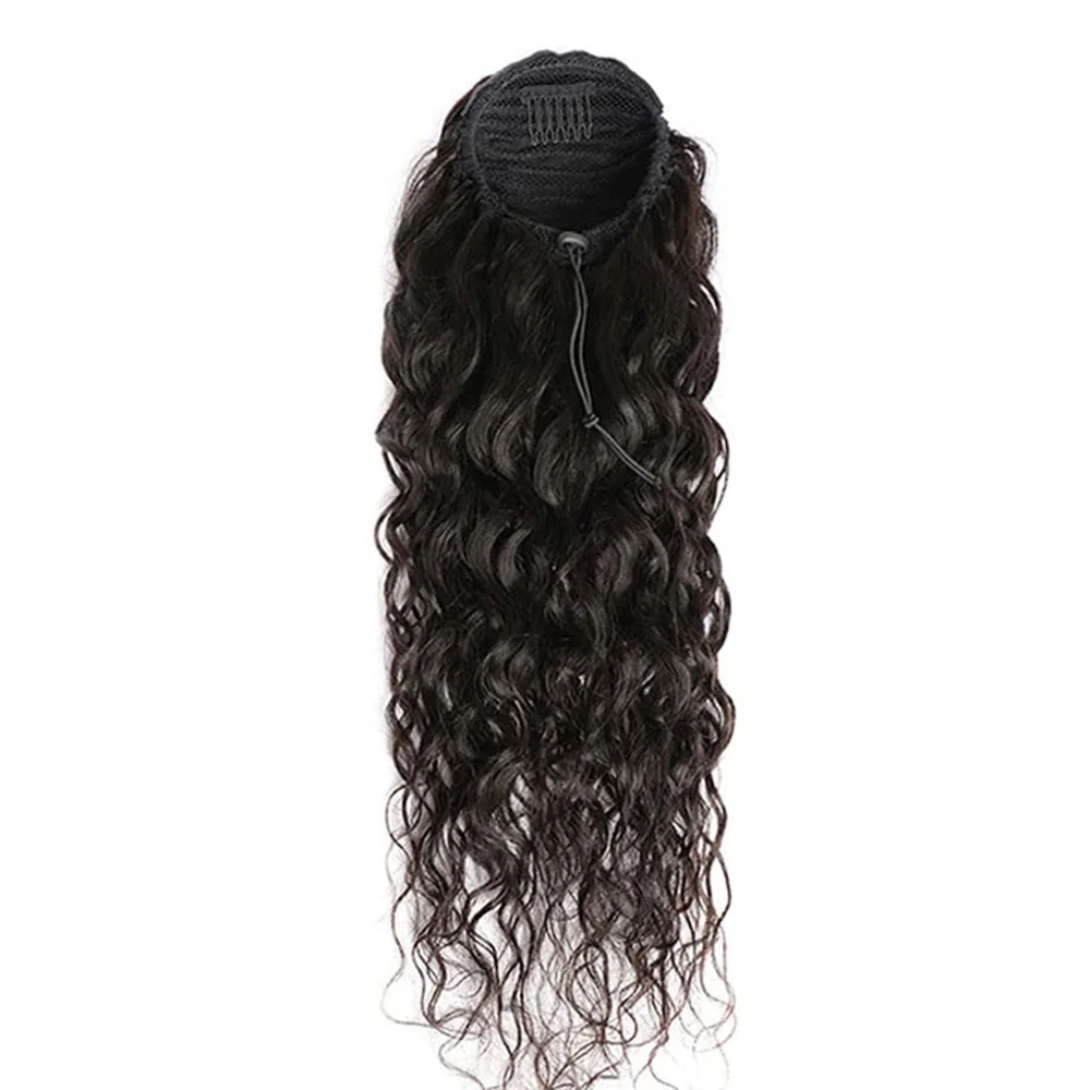 Human Hair Clip in Wave Ponytail Extensions Long Wrap Drawstring Curly Clip on Pony Tail Hairpiece 100% Brazilian Hair for Women