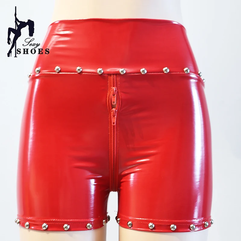 Riveted Women's Pants Double Zipper Sexy Gothic Women Shine Leather Shorts Hot Pants Festival Rave Hot Girl Club Streetwear