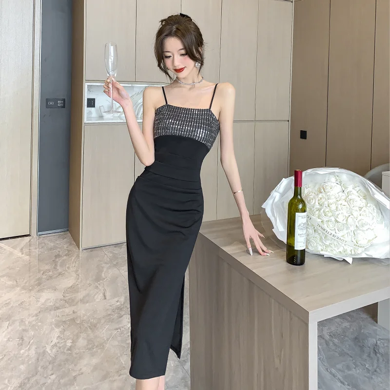 

Летнее сексуальное платье 2023, черное платье с блестками и открытой спиной, модное элегантное облегающее платье на бретелях-спагетти, женское Клубное платье
