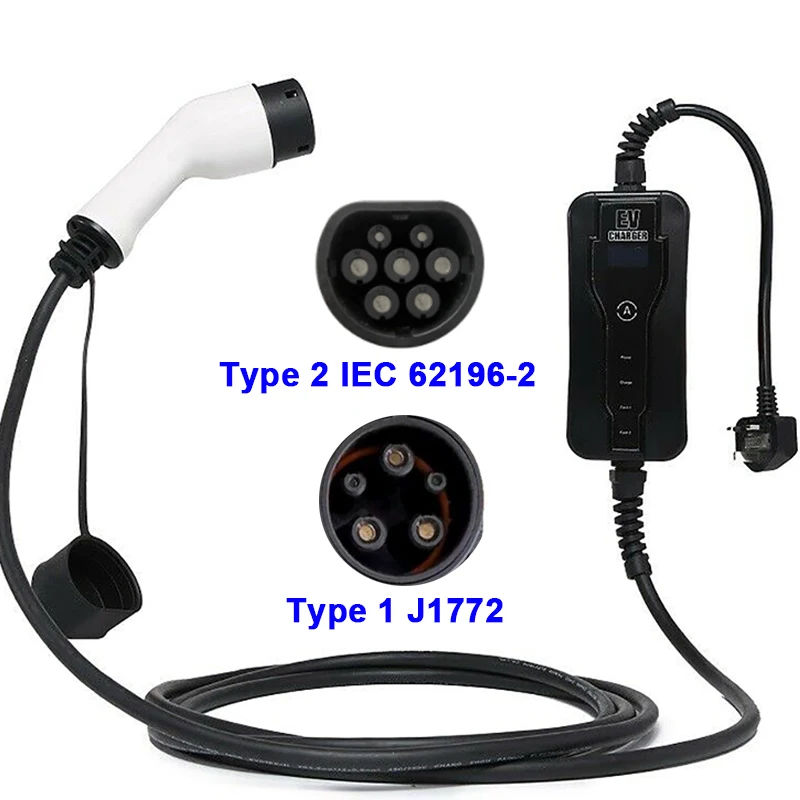 

Electric Car EV Charger Portable Type 1 J1772 Type 2 IEC 62196-2 Charger 16A Portable Charging Station 5M Cable EU Plug