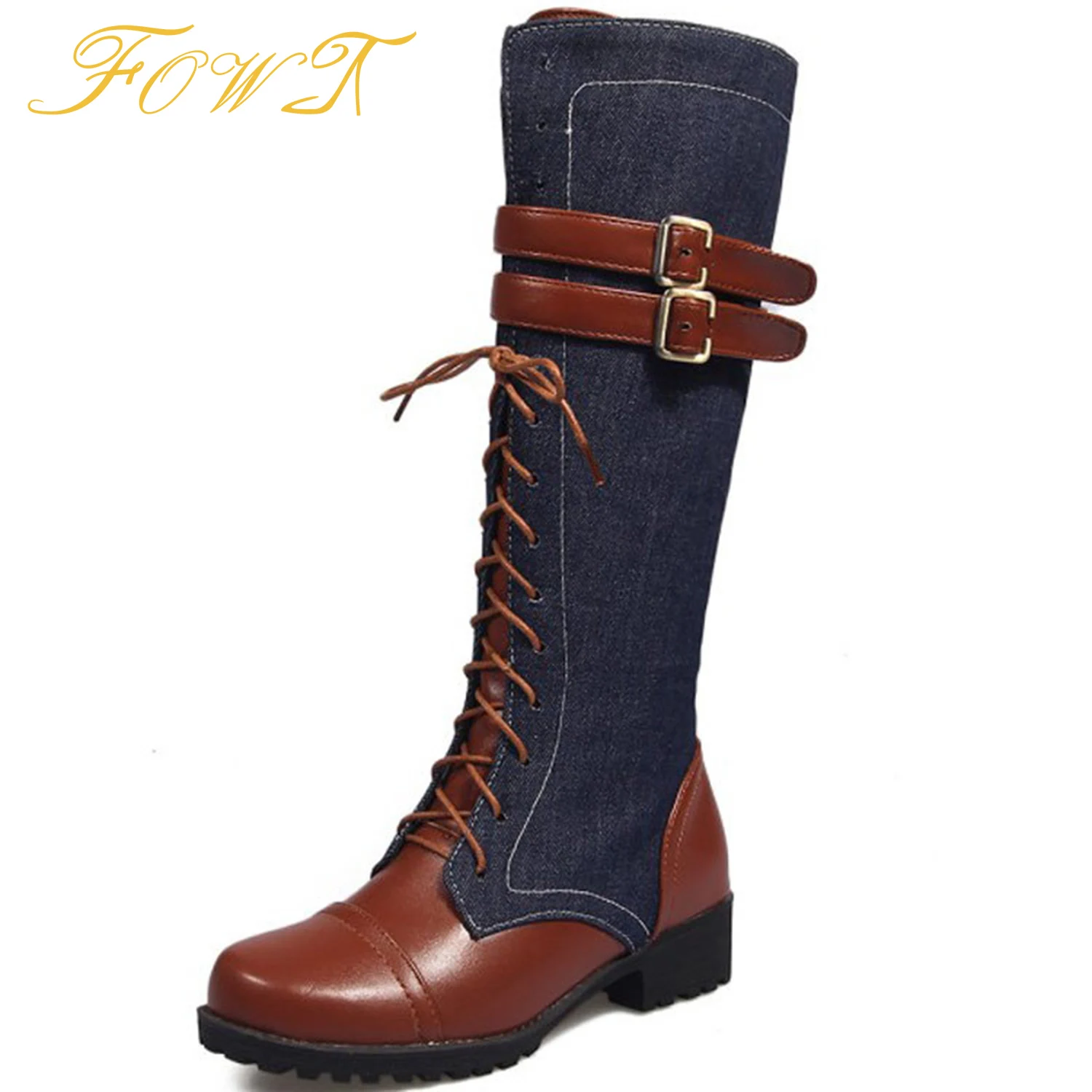 

Long low heeled western cowboy color-block belt buckle Lady's round toe boots Large size high cavalier boots