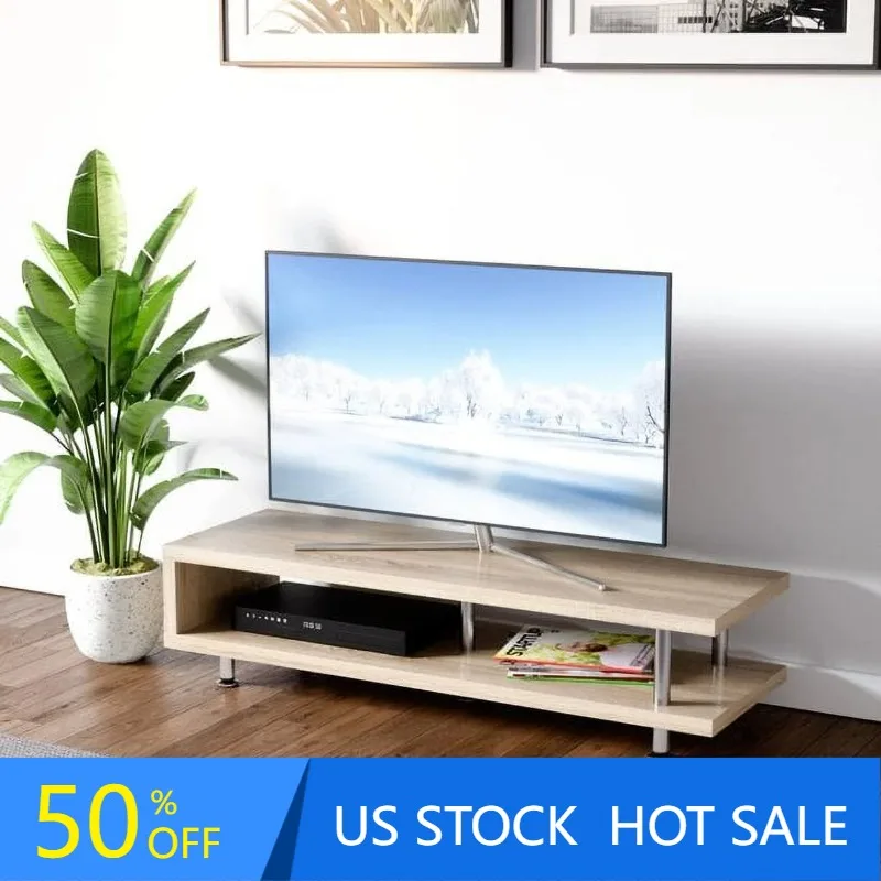 

47 inch Short TV Stand with 2-Shelf Storage Steel Frame in Oak