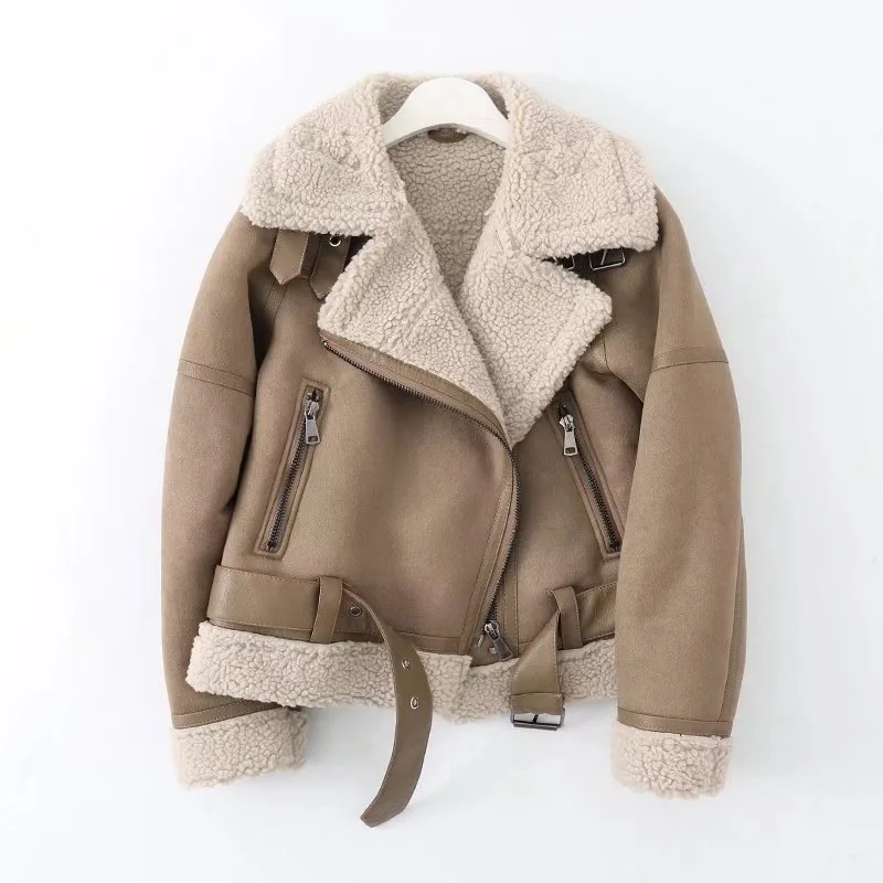 

Polar fleece Jacket Women's new fall/winter suede lamb wool thermal biker jacket