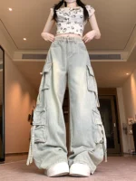 Women's Blue Multi Pocket Cowboy Pants Cargo Y2K Japanese Harajuku Streetwear Aesthetics Retro 90S Jeans Pants Clothing 2025 New - Image 5