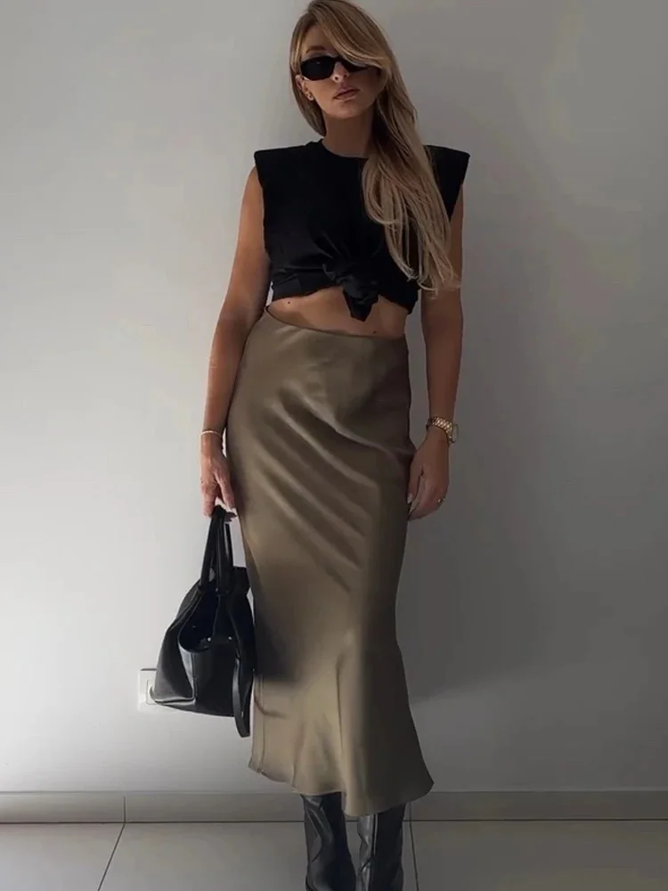 HH TRAF Women\'s Midi Skirt High Waisted Solid Sexy Satin Dress Tight Chic Elegant Women Mermaid Long Skirt Casual Bodycon Skirt