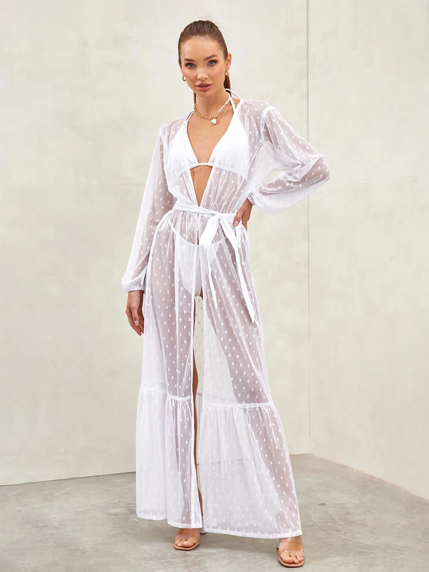 Marthaqiqi Polka Dots Ladies Pajama Sexy V-Neck Robe Long Sleeve Sleepwear Lace Up Nightgowns Floor-Length Bathrobe Home Clothes