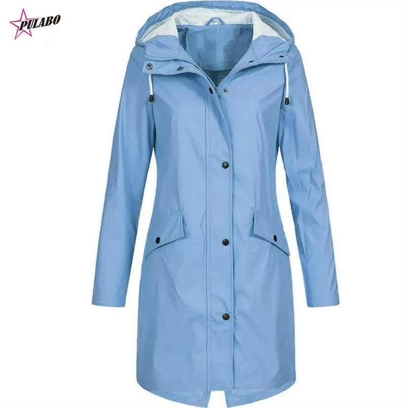 

PULABO 5XL Women's Coat Fashion Solid Rain Jacket Outdoor Hooded Waterproof Long Coats Overcoat Lady Windproof Jackets