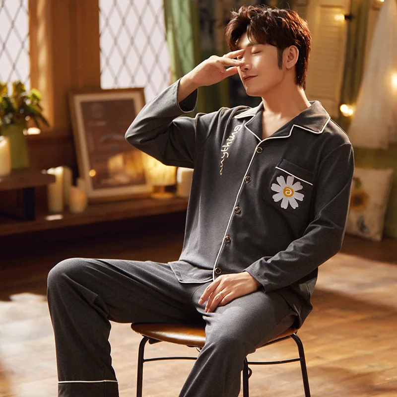 Pajamas Men's Knitted Cotton Long Sleeved Lapel Cardigan Plus Size Student Leisure Home Clothes Two-piece Set Can Be Worn Out