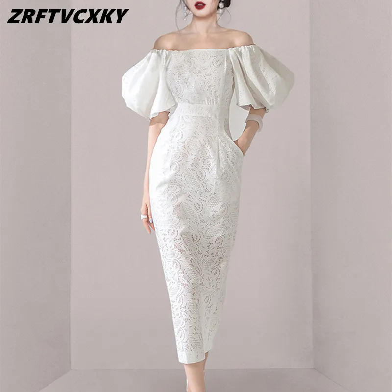 

2022 Elegant Women OL White Lace Pencil Dresses Sexy Off Shoulder Lantern Sleeve Vintage Temperament Slim Bodycon Vestidos