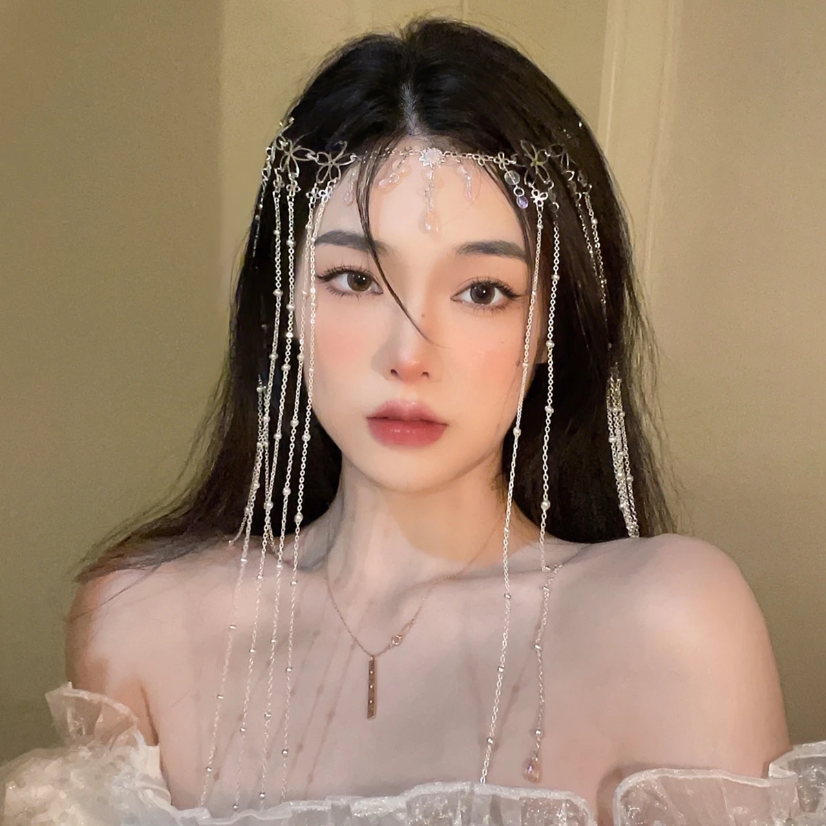 

Ancient style headdress hanfu tassel hair decoration ancient costume forehead ornament eyebrow heart drop face curtain veil