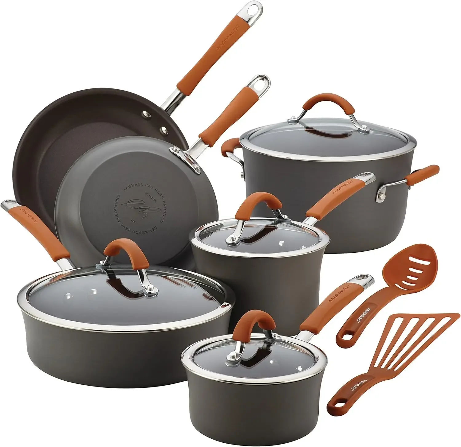 Ray Cucina Dishwasher Safe Hard Anodized Nonstick Cookware Pots and Pans Set, 12 Piece, Gray with Orange Handles 3