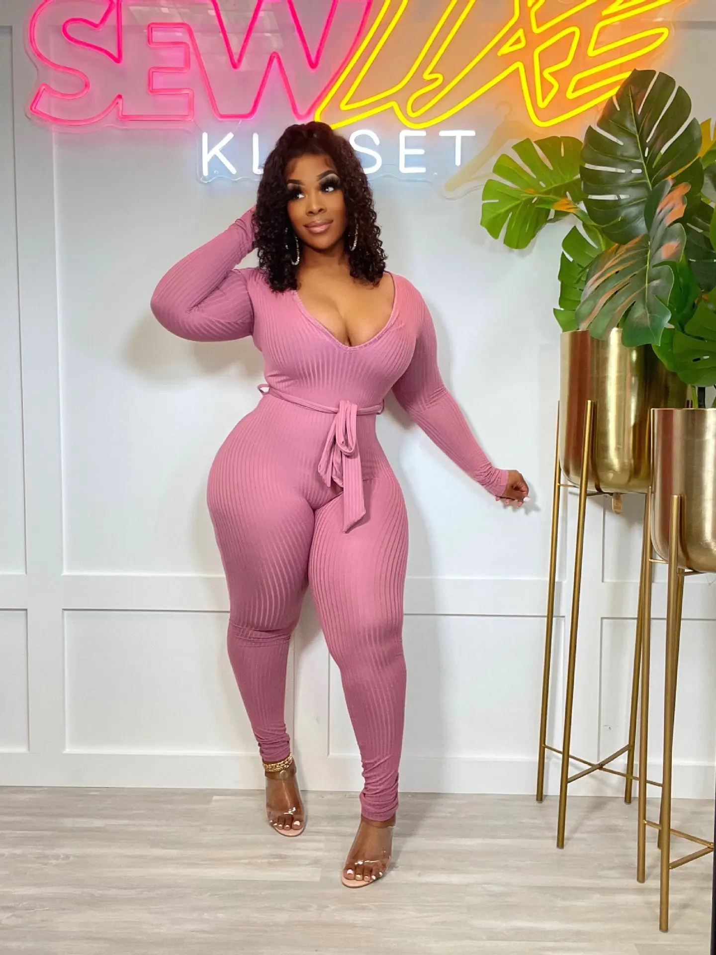 BKLD Women Clothing New Autumn Winter Jumpsuit Fashion Solid Color Long Sleeve V-Neck Lace-Up Bodycon Jumpsuits One Pieces