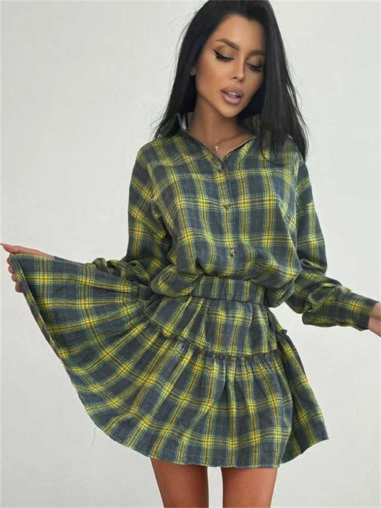 Female 2 Piece-Set Pleated Skirts Fashion Contrast Lapel High Waist Spring 2025 Shirts Outfits Women's Mini Skirt Sets New