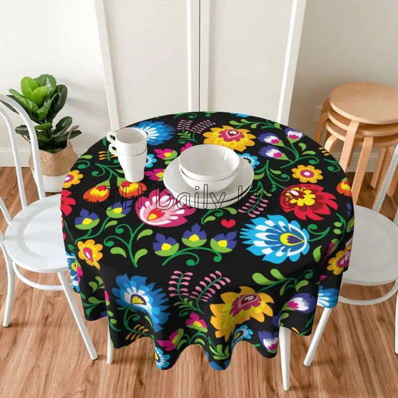Poland Polish Floral Folk Art Print Round Tablecloth 60 Inch Table Cover Decor Table Clothes for Dining Party Decoration