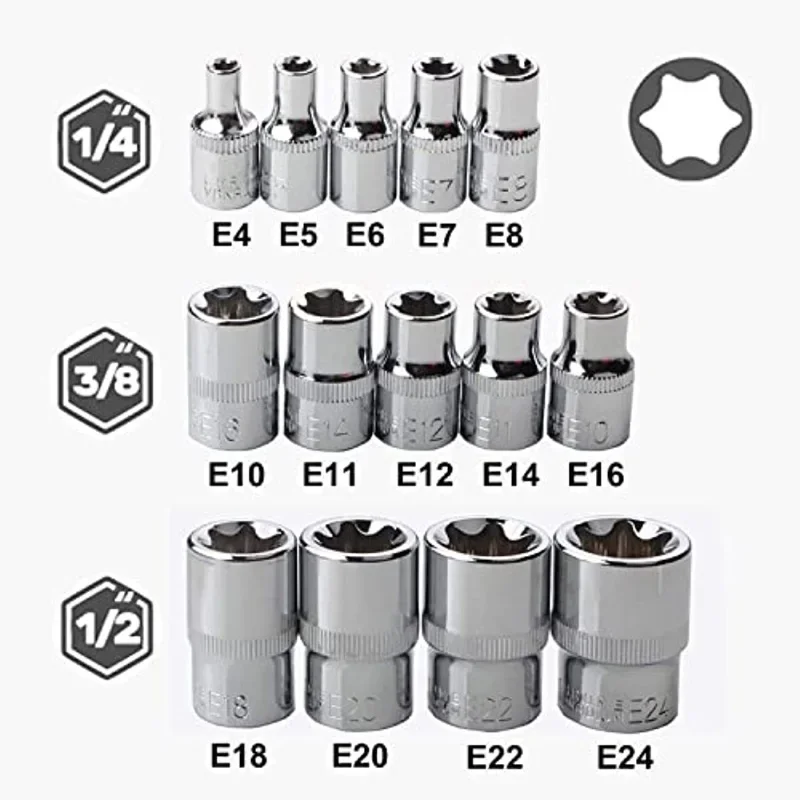 14PCS E-Torx Star Socket Set 1/4" 3/8" 1/2" Bits Drive E4-E24 Female Torx Socket Insert Nut Handheld Tool Torque Wrench Adater