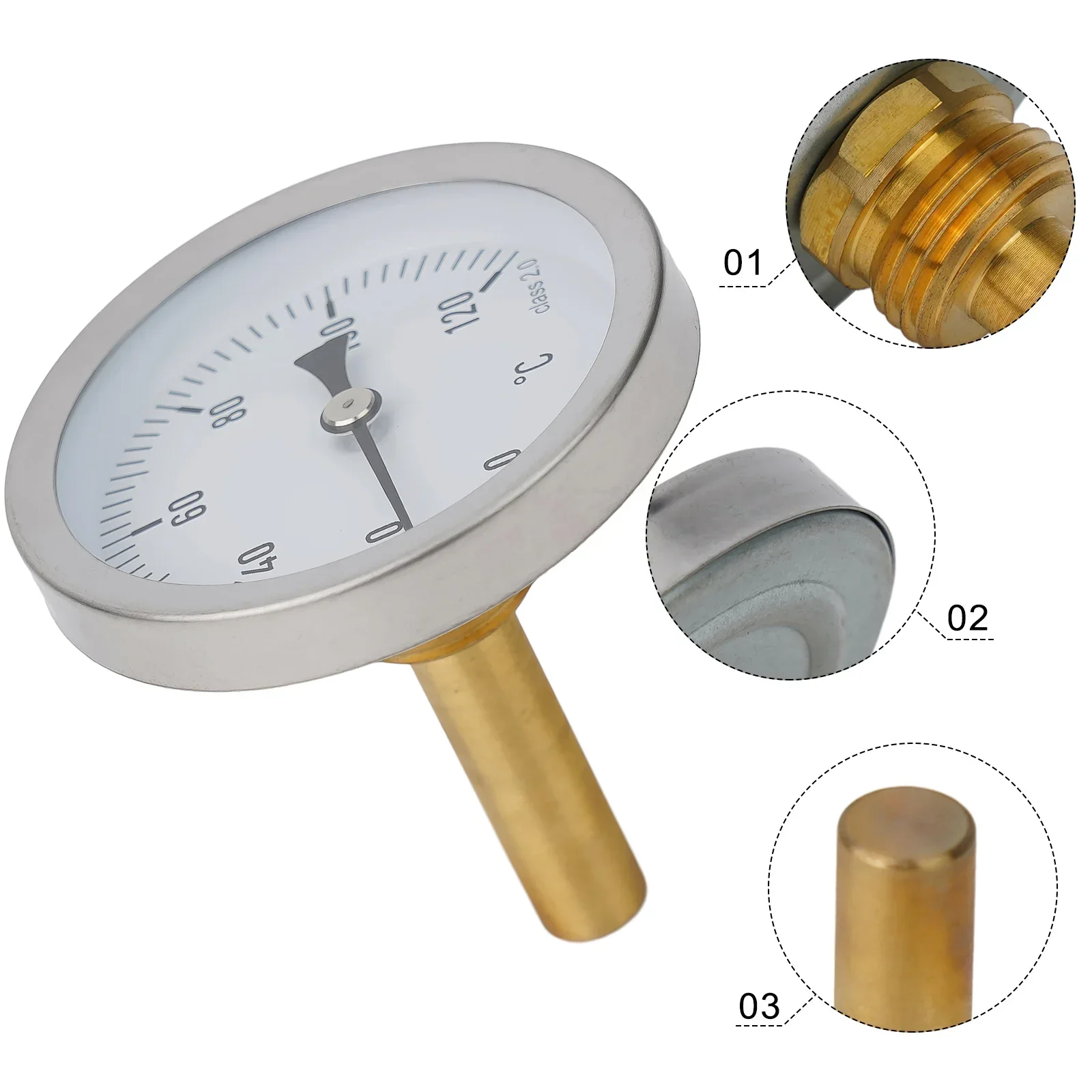 Grill Thermometer Copper Sheath 1/2" Axial Screw-in Boiler Heating 120&deg;C Water Temperature Gauge Bimetallic