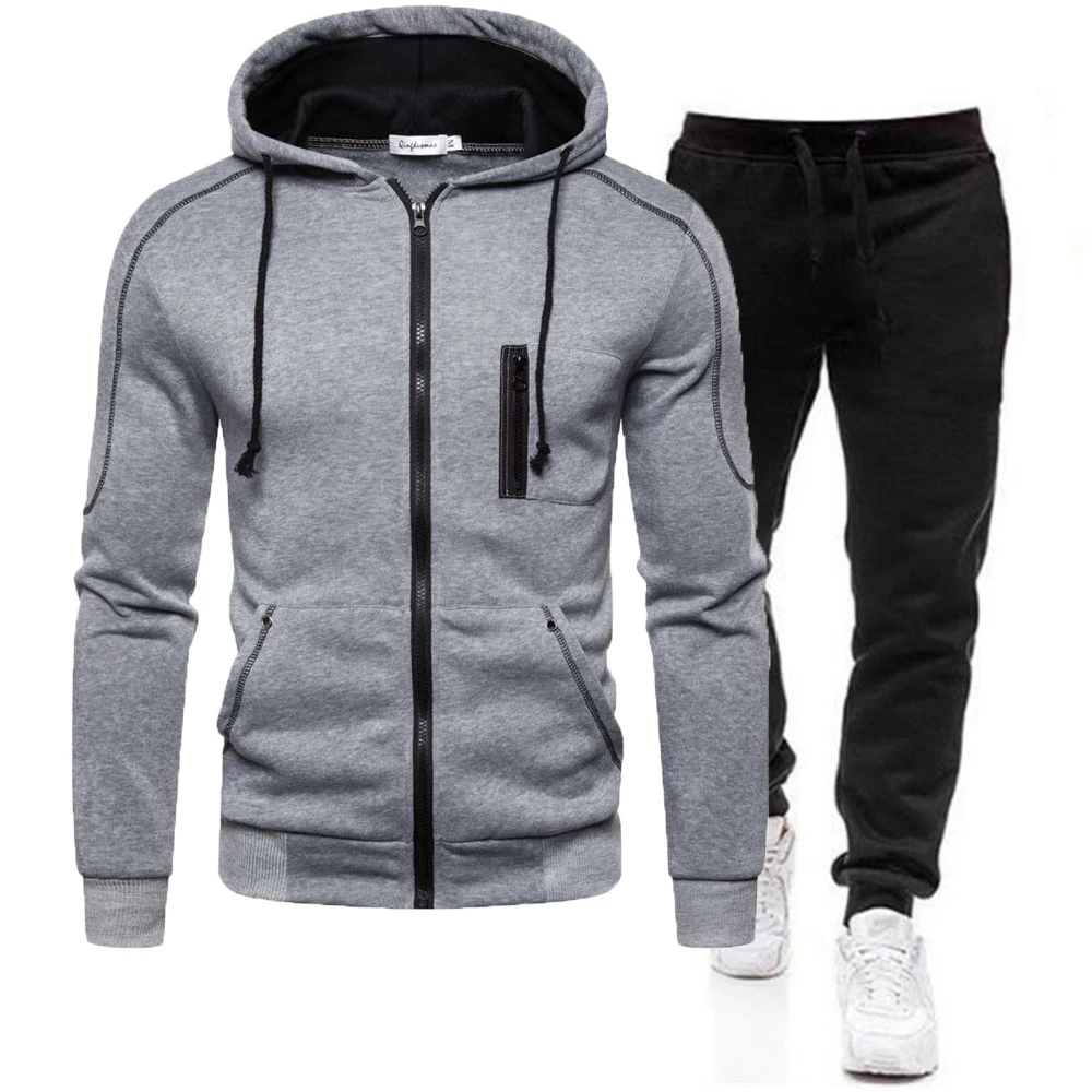 Autumn Winter European American Solid Color Fleece Sweater Pants Men's Casual Zipper Sports Hat Set