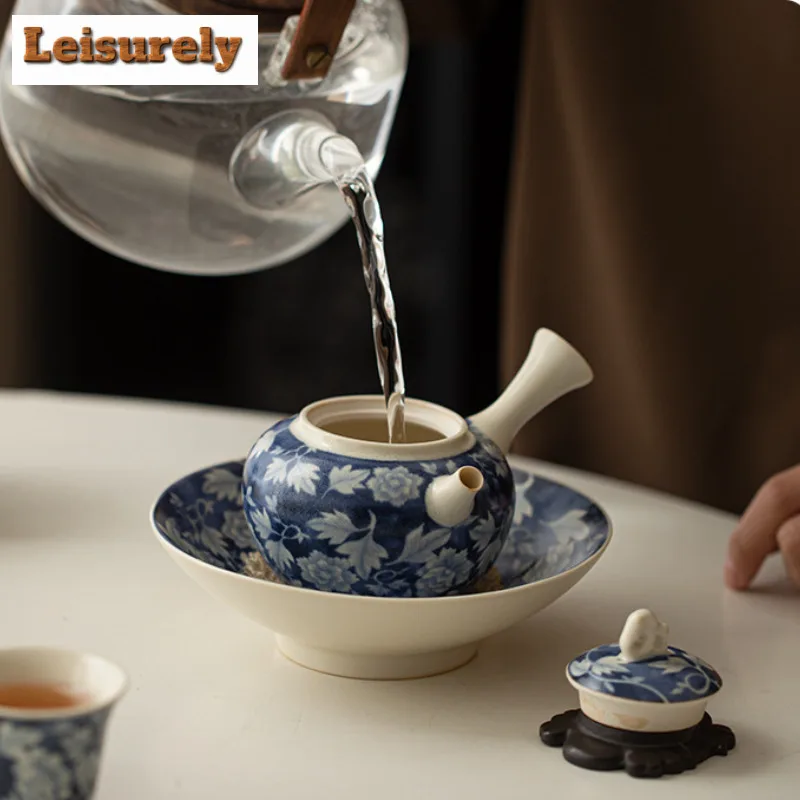 Soda Glazed Yuan Blue And White Ceramic Teapot Antique Tea Infuser Pot Tea Making Kettle With Filter Tea Ceremony Ornaments Gift