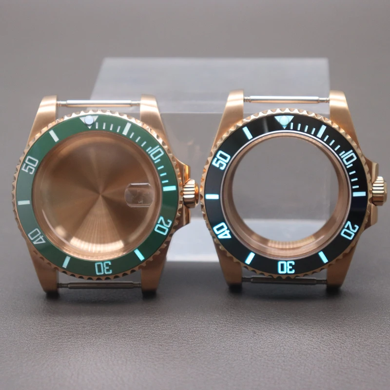 

40mm Watch Rose Gold Cases With Full C3 Luminescence Ceramic Bezel Fit NH34 NH35 NH36 Miyota8215 ETA2824 Movement Sapphire Glass