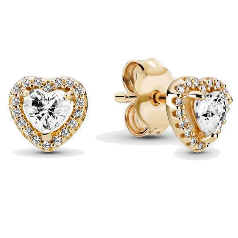 

Original Gold Elevated Heart With Crystal Stud Earrings For Women 925 Sterling Silver Wedding Gift Fashion Jewelry
