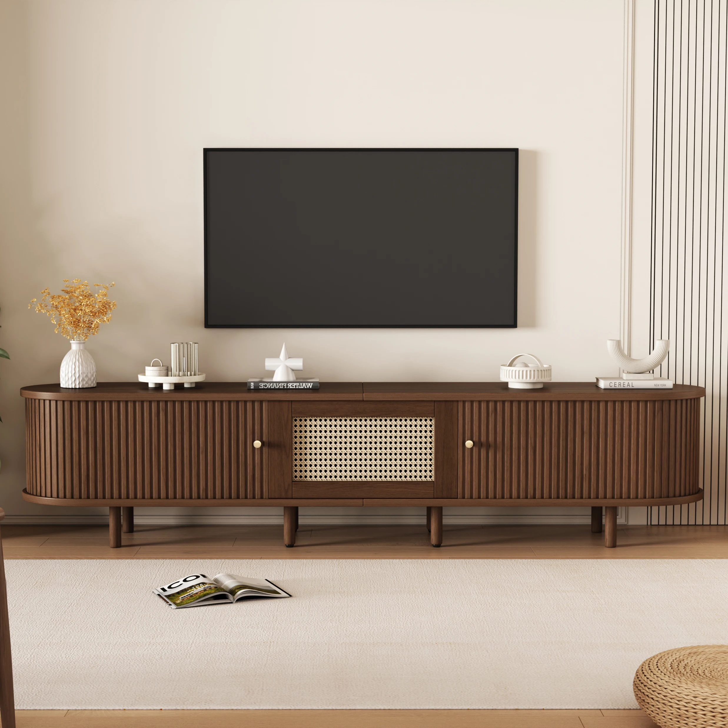 KOMHTOM Ovaler TV-Ständer Nussbaum Dunkel, Rattan-Design 180cm MDF, Verstellbare Füße, 30kg Belastbarkeit – Detail 1