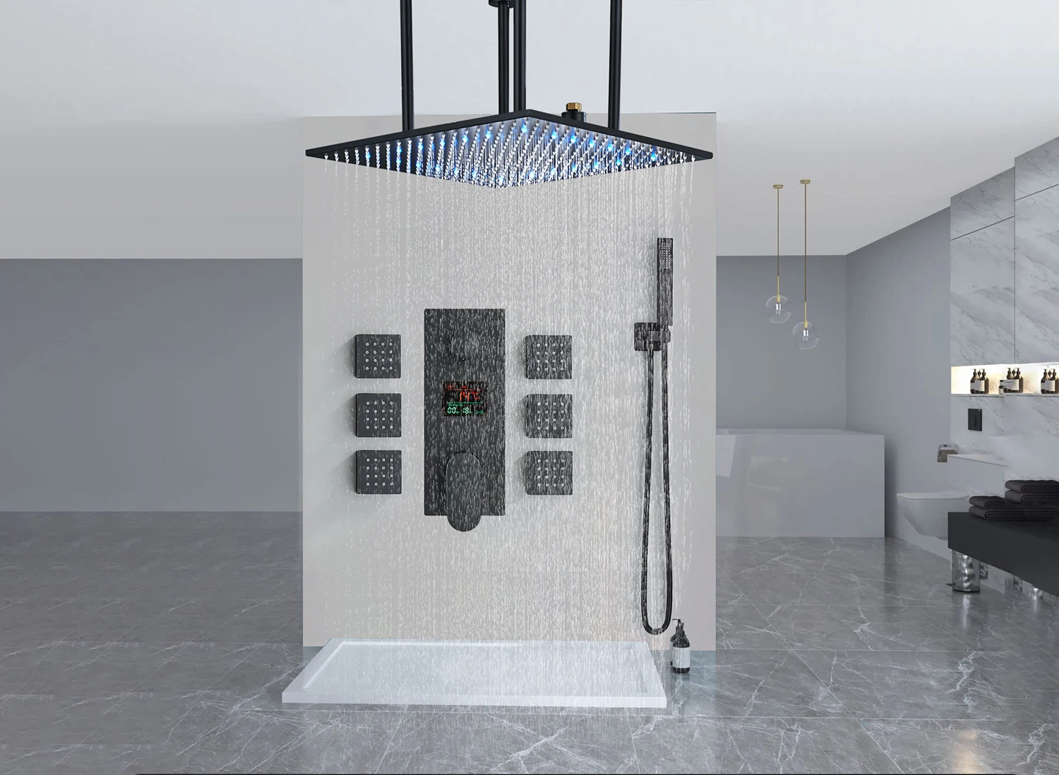 Description Picture 3 of itemBlack Rainfall Shower Set Bathroom Digital Display Shower Faucet 20 inch Ceiling LED Shower Head Rotating SPA Massage Jets