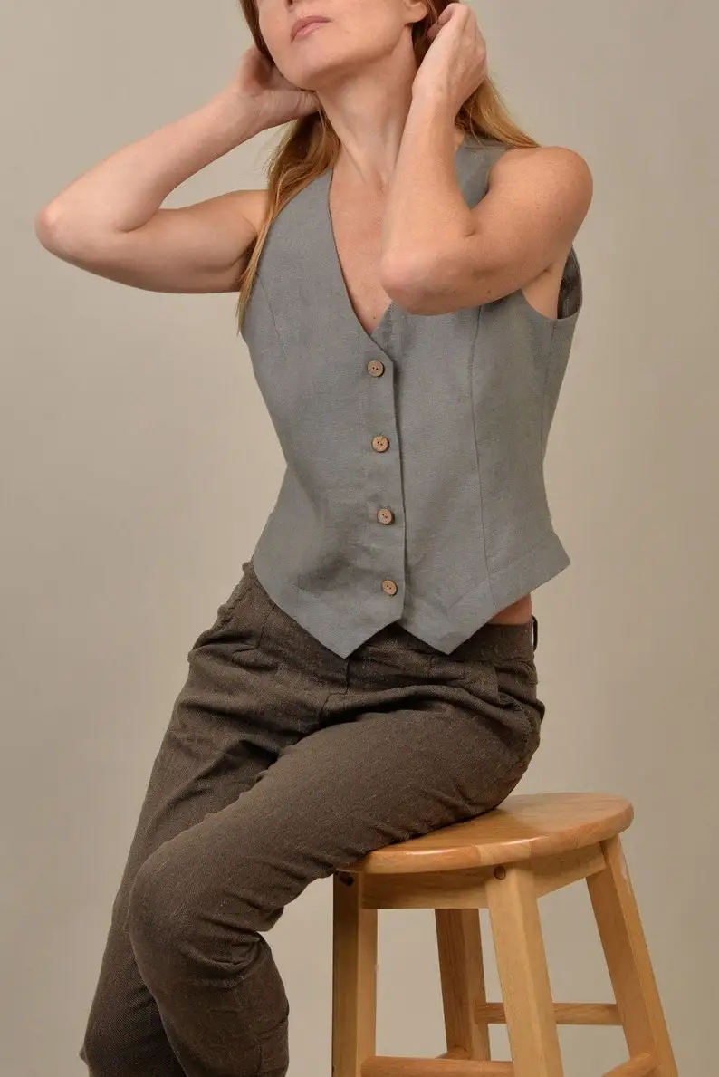 Women's Linen Vests Single Breasted White Casual Suit Vest for Women Ladies Sleeveless V Neck Boho Waistcoat Summer