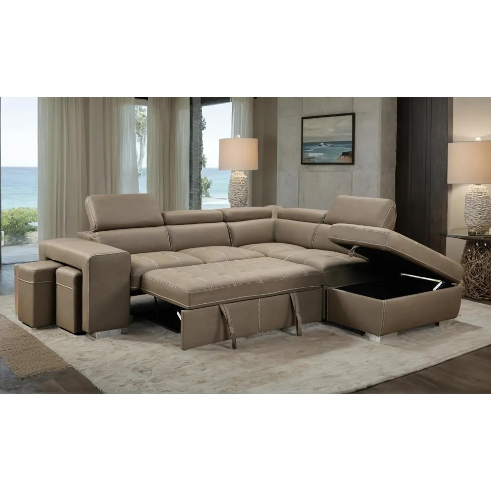 104'' Sectional Sleeper Sofa with Pull Out Bed and Storage Chaise Ottoman, L Shaped Couch with Adjustable Headrest and Stools