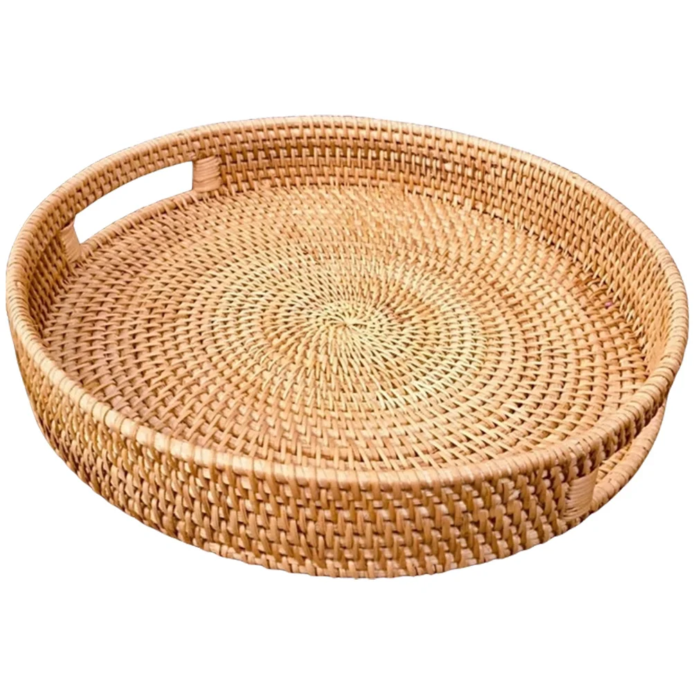 

Woven Rattan Bread Storage Basket Rustic Fruit Cake Snacks Round Tray With Handles Outdoor Camping Picnic Container