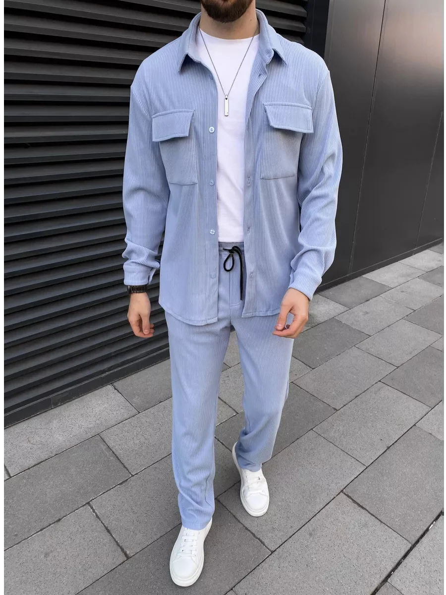 2025 Men's simple new front buckle lapel double pocket long sleeve two-piece casual sports solid color striped fashion comfortab 4