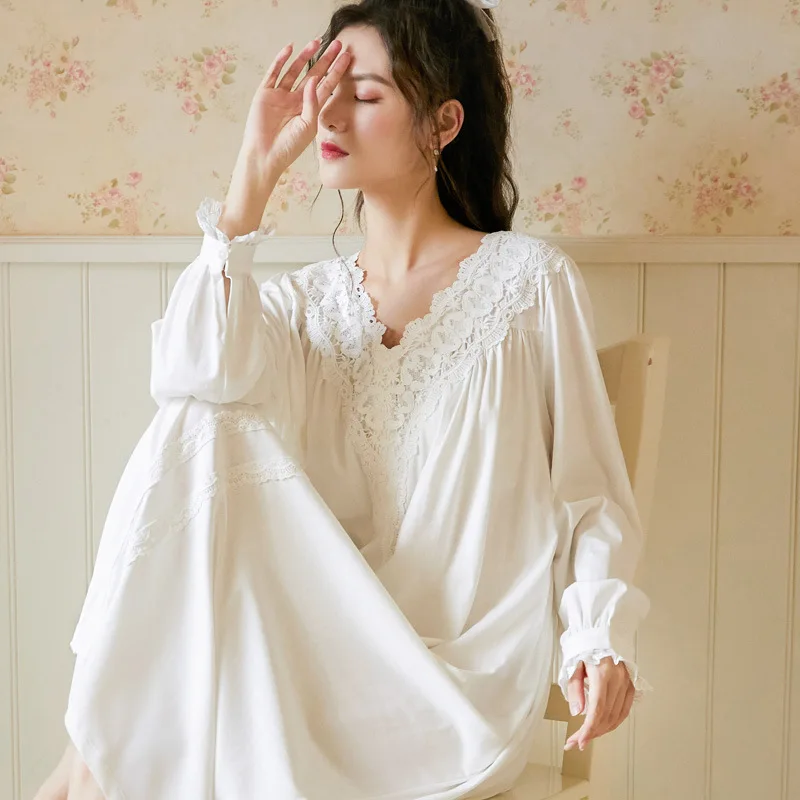 Long Sleeve Spring Princess Nightgown Vintage Palace Elegance Cotton, Loose Fit Plus Size Loungewear for Cozy Nights and Autumn