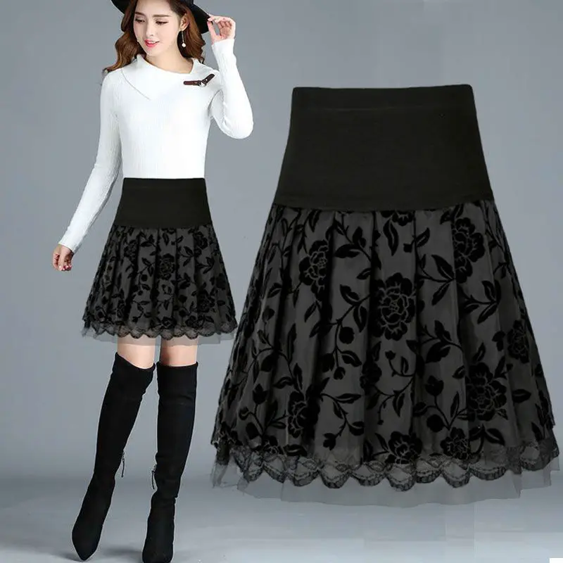 

New Mid Length Skirt Anti Light Pleated A Word Skirt Print High Waist Mesh Skirt