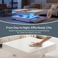 Table basse carrée blanche Comanlai avec finition brillante, dotée d'un éclairage d'ambiance LED à changement de couleur contrôlé via une application mobile 3