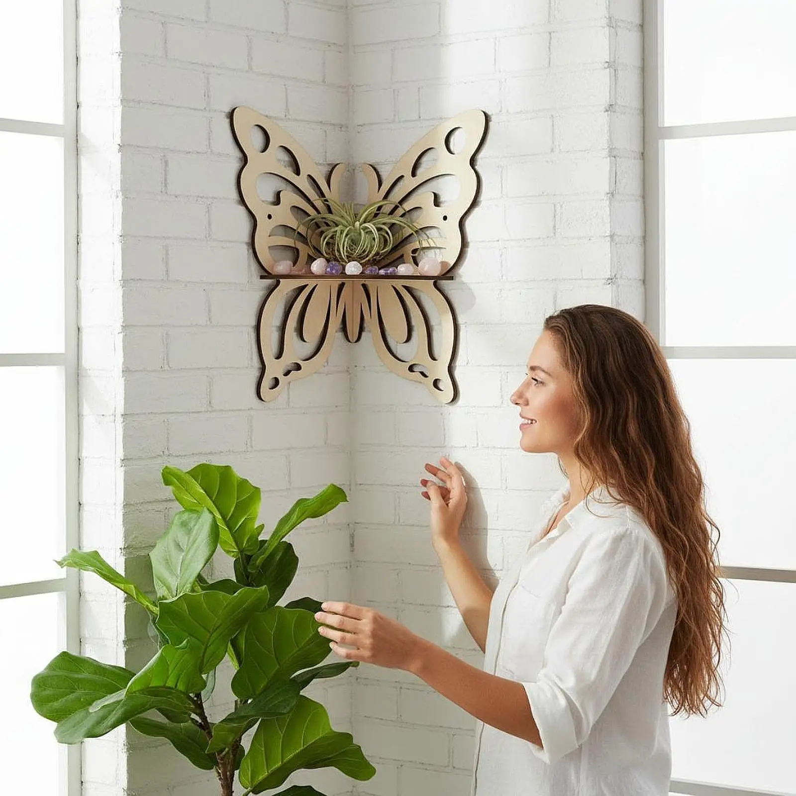 Butterfly Shape Corner Shelf Wooden Wall Mounted Organizer Decorative Display Rack for Room Decoration