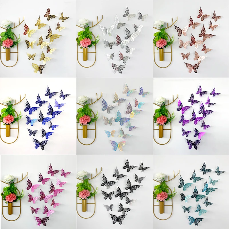 Hollow 3D Butterflies Wall Sticker 12 Pcs For Kid Room Wedding Bedroom Party Home Decor