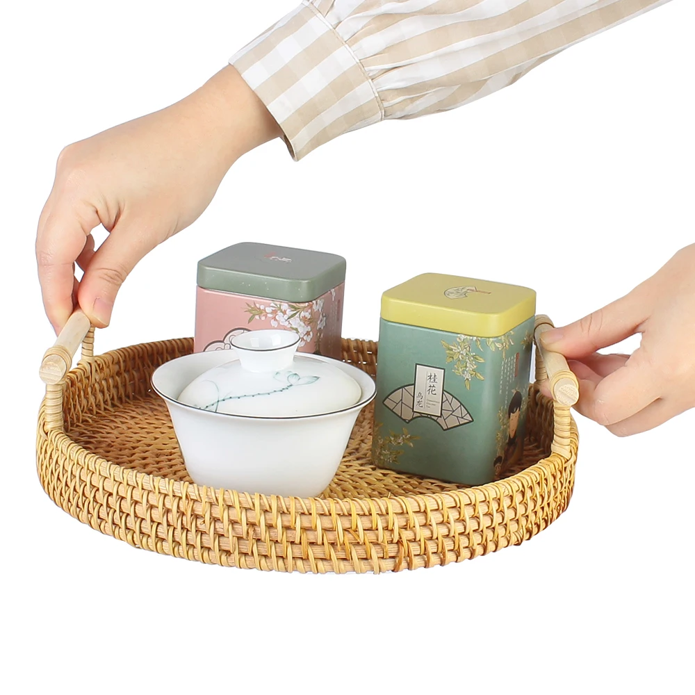 Handwoven Rattan Storage Tray Dinner Serving Tray With Handle Fruit Cake Wicker Basket Breakfast Bread Food Plate 6