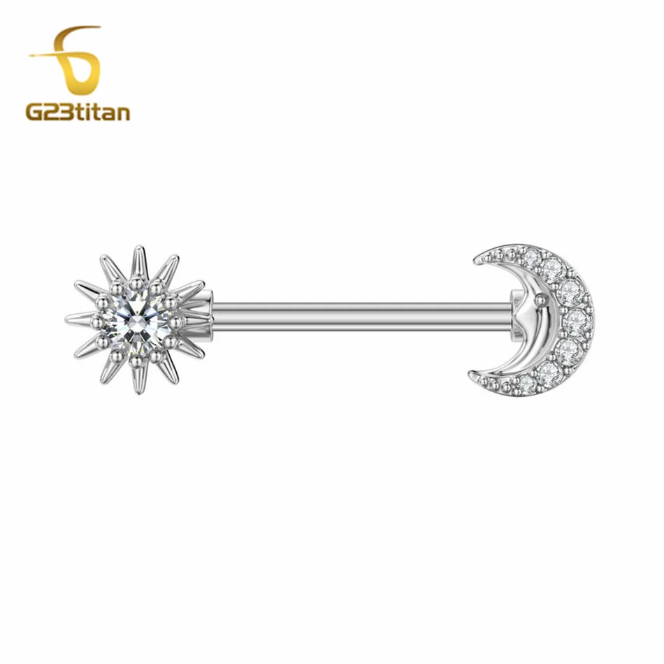 G23Titan 2pcs Crystal Zircon Sun Moon Nipple Ring 14G Titanium Steel Barbell Hyposensitive Body Jewelry Women Sexy Accessories