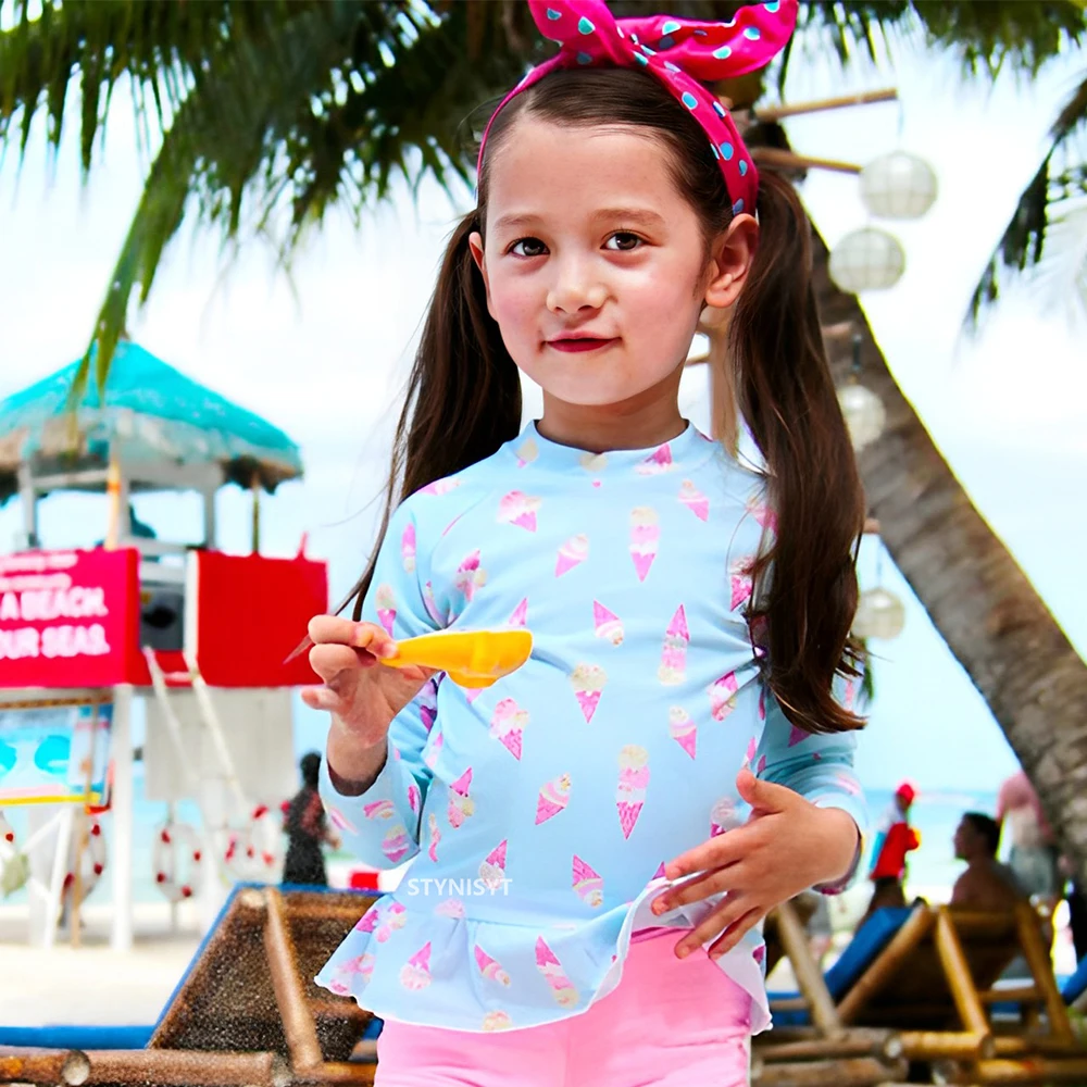 Kids Swimsuits Girls Printed Long Sleeves Swimsuit Baby Girl Boys Beach UV Clothing Sun Protection Swimwear and Surfwear Two Pieces