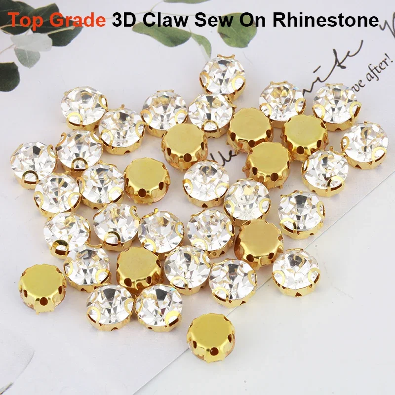 Sew on Rhinestones 4mm-8mm 3D Claw Clear Crystal Rhinestone With Hole Flatback Gold/Sliver DIY