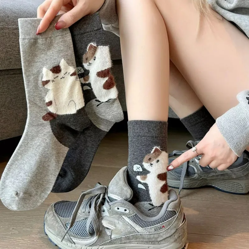 4pairs Fashion Cute Cartoon Kitten Pattern Socks Sweat Absorption Breathable Soft Mid Tube Socks Casual Socking for Women Girls