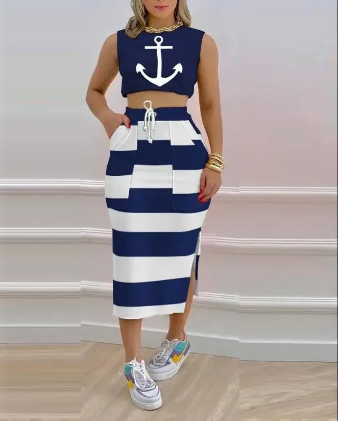2023 Summer Casual Skirts Sets for Women European & American Fashion Anchor Print Crop Tank Top & Split Hem Striped Skirt Set
