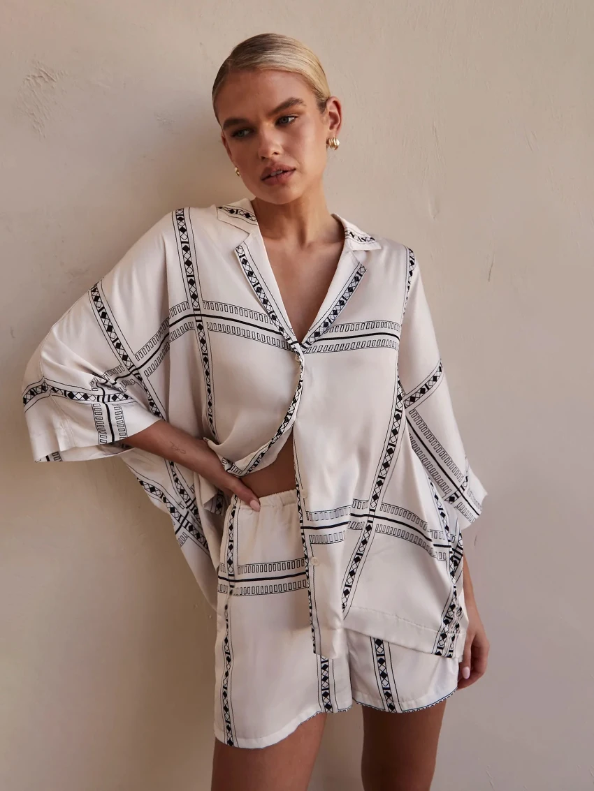 Marthaqiqi Printing Ladies Nightgowns Set Three Quarter Sleeve Nightie Turn-Down Collar Pajamas Shorts Casual Women Pyjamas Suit