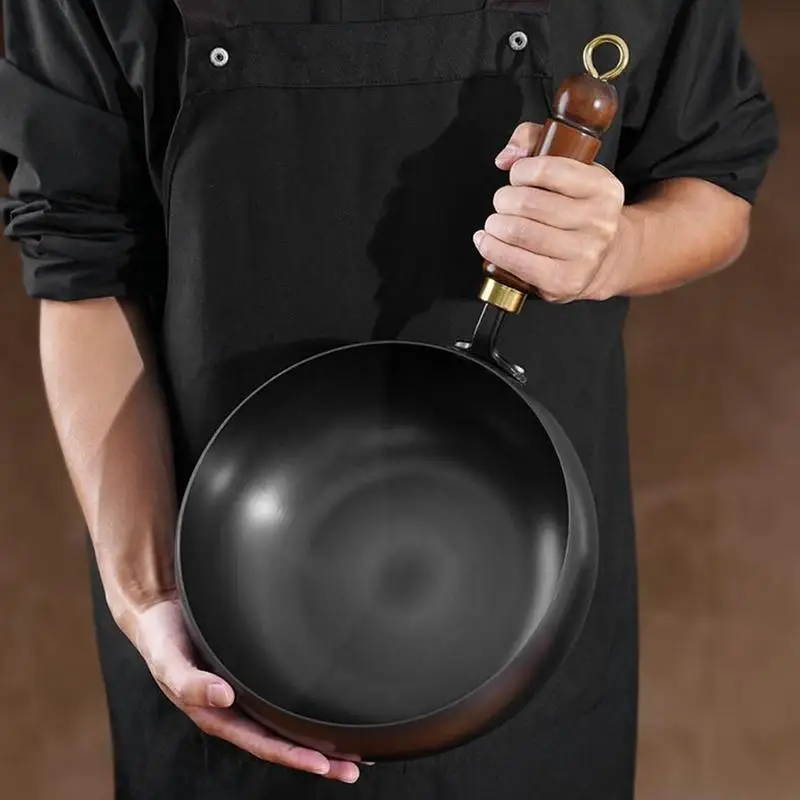 Chinese Flat Bottom frying pan Big Belly Non-stick Pan Without Coating Deep Iron Pot with Wooden pot lid 24cm Diameter Stir-Fry
