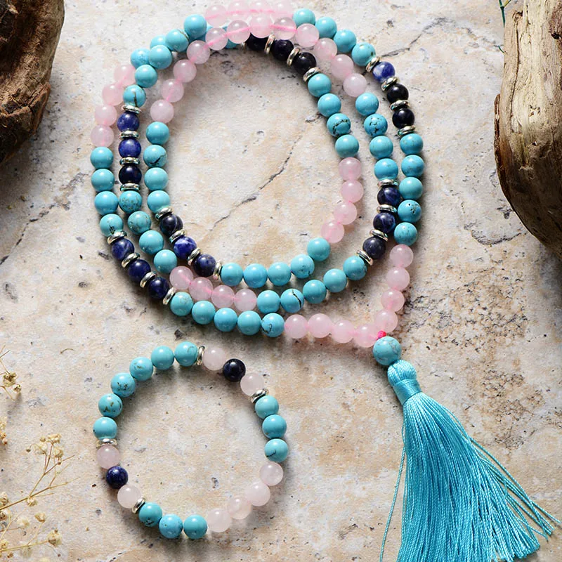 108 Beads Malas 8MM Turquoises Crystal Tassel Spiritual Meditation Yoga Necklaces Bracelet Jewelry Set 1
