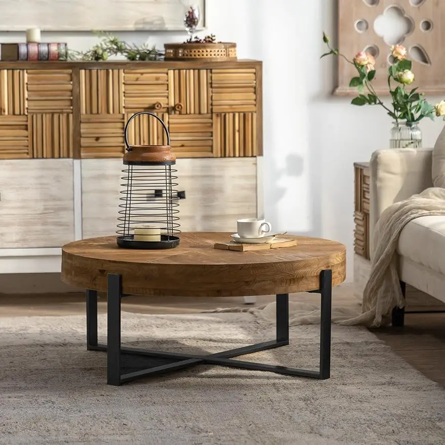 31.29" Modern Retro Splicing Round Coffee Table,Fir Wood Table Top with Black Cross Legs Base 2