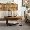 31.29" Modern Retro Splicing Round Coffee Table,Fir Wood Table Top with Black Cross Legs Base 2
