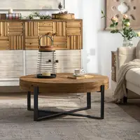 31.29" Modern Retro Splicing Round Coffee Table,Fir Wood Table Top with Black Cross Legs Base 2